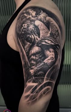Archangel Michael Half Sleeve Tattoo, Tattoo Ideas For Bicep, Archangel Tattoo Shoulder, Archangel Michael Tattoo Upper Arm, Archangel Michael Full Sleeve Tattoo, Archangel Gabriel Forearm Tattoo, St Michael Upper Arm Tattoo, Archangel Half Sleeve Tattoo, St Michael Shoulder Tattoo