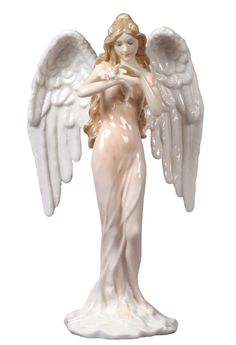 an angel figurine with white wings on a white background