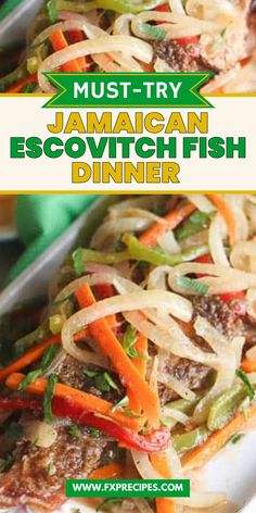 this is an image of jamaican fish dinner with noodles and vegetables on the side, along with text overlay