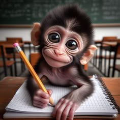a monkey sitting at a desk with a pencil in it's hand and looking into the camera