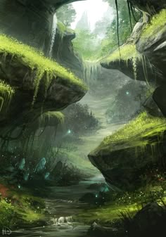a painting of a forest with moss growing on the rocks