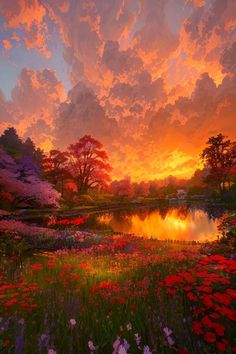 a painting of a beautiful sunset over a lake with flowers in the foreground and clouds in the background