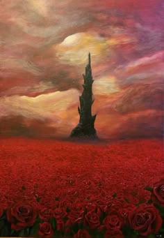 a painting of a tower in the middle of a field with red flowers on it
