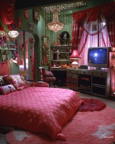 a bedroom decorated in pink and green with lights hanging from the ceiling, bedding, rugs, lamps, and curtains