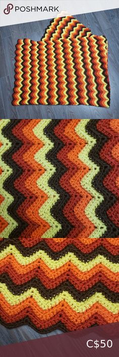Vintage 70s 80s Chevron Granny Throw Blanket Crochet Knit Home Decor Cottagecore