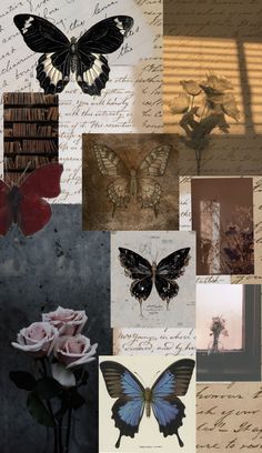 a collage of butterflies, roses and letters