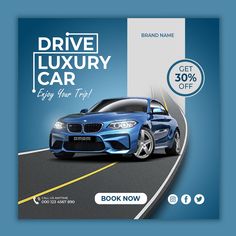 an advertisement for a luxury car sale with a blue sports car on the road in front of it