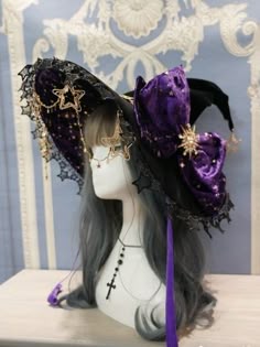 Fantasy Witch Hat, Purple And Black Witch Accessories, Starry Hair Accessories, Purple Wizard Hat With Stars, Galaxy Mushroom Hat, Purple Halloween Costume Hat, Purple And Gold Witch Hat, Purple Wizard Hat, Purple Witch Hat Aesthetic