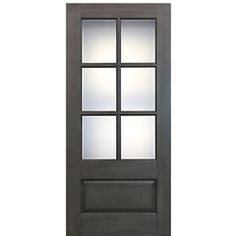 an exterior door with frosted glass on the front and side panels, in dark wood