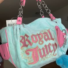 Juicy Couture Bag Pink, Baby Blue Juicy Couture Bag, Juicy Couture Bag Pink And Baby Blue, Juicy Couture Pink And Blue, Juicy Couture Pink Bag, Depop Juicy Couture, Juicy Couture Tiffany Blue Bag, Juicy Bag Y2k, Teal Juicy Couture Handbag