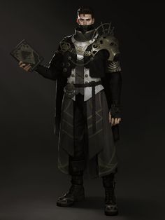 a man dressed in armor and holding a piece of paper with his hand on his hip