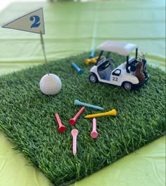 golf balls, tees and miniature cars on the green grass at a birthday party