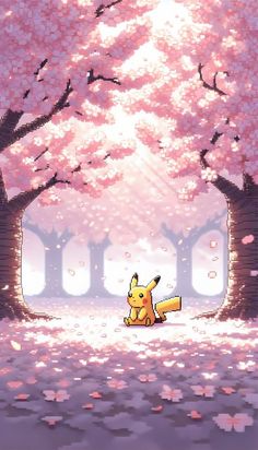 a pokemon pikachu sitting in the middle of a park under cherry blossom trees