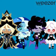 four cartoon characters are standing together in front of a blue background with the words weezer on it