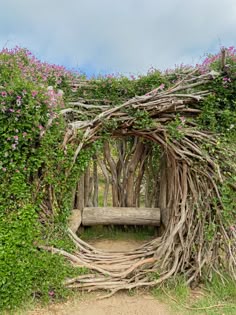 a wooden bench surrounded by vines and flowers