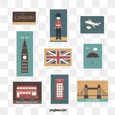 postage stamps with british symbols on them, including the tower bridge, london, big ben and