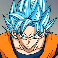 the dragon ball character has blue hair and is wearing an orange shirt with his eyes closed