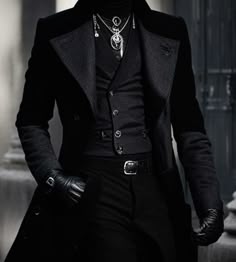 Formalwear Aesthetic, Parts Of A Mens Suit, Mens Wedding Outfit Black, Black Leather Coat Long, Mens Formalwear, Gothic Outfits For Men, Formal Fashion Men, Gothic Mens Outfits, Victorian Style Men Outfit