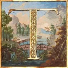an old painting with a cross on the side and trees in the middle, along with other art work