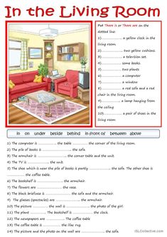 the living room worksheet is shown in red and white, with an image of a