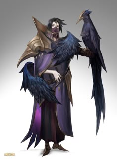 a man with two crows on his shoulder and one crow on his arm, standing next to him