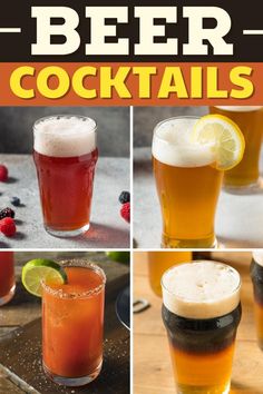 different types of beer are shown in this collage