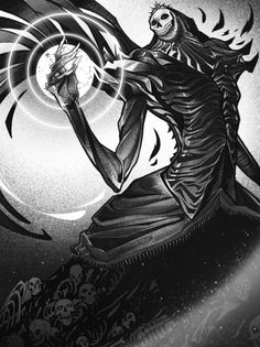 a drawing of a skeleton holding a crystal ball