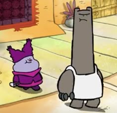 an animated character is standing next to another character