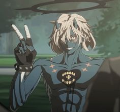 an anime character holding two fingers up in front of another person with the peace sign