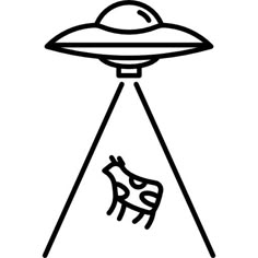 an alien spaceship flying through the sky with a cow in it's center, on top of a black and white background