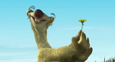 an animated slotty holding a dandelion up to its face in the air