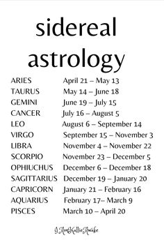 the sidereal astrology calendar with dates for each zodiac sign in black and white