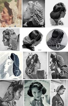 Vintage Hair Net Styles, How To Style Vintage Hairnets, 1940s Summer Snood, 1940s Snood Hairstyles, Vintage Hair Snood, Diy 1940s Crochet Snood Tutorial, Vintage Snood Headband, Vintage Style Crochet Headpiece, Vintage Hair Nets