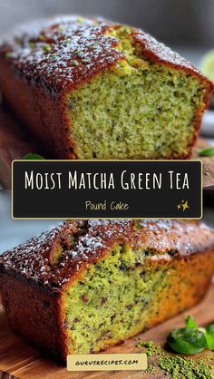 two slices of matcha green tea pound cake on a cutting board