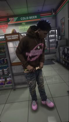 a young man standing in front of a store with pink shoes and a brown hoodie