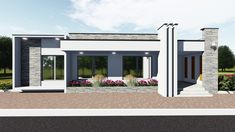 this is a computer rendering of a modern house in the middle of a street with flowers