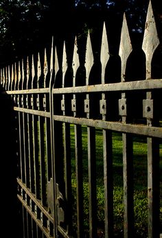 an old iron fence in the dark with green grass and trees behind it on a sunny day