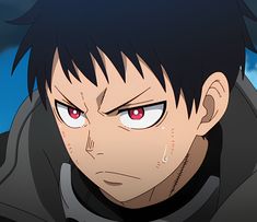 an anime character with red eyes and black hair looking at the camera while staring into the distance