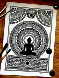 a black and white drawing of a person sitting in a lotus position on top of a table