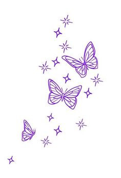 three purple butterflies flying through the air with stars in the sky behind them on a white background