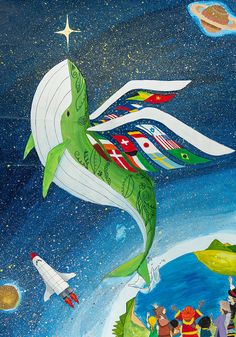 a painting of people flying in the sky