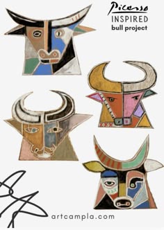 four bull heads with different colors and designs on them, one is made out of paper