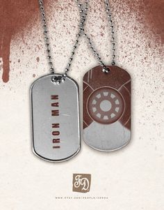 two dog tags with the words iron man on them