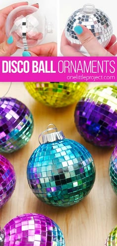 diy disco ball ornaments with text overlay that says diy disco ball ornaments
