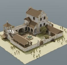 an old style house is shown in the middle of a small island with people standing around it