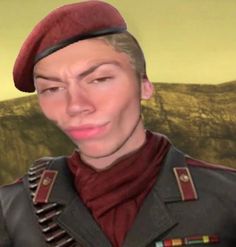 an animated man wearing a red beret and standing in front of a desert landscape