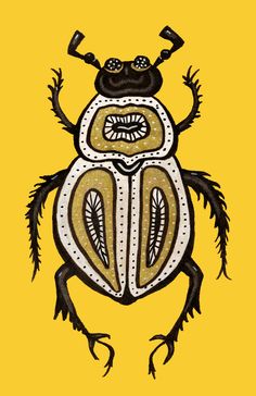 Fun beetle ink illustration depicting a cartoon abstract beetle with decorative elements in white, gold and black over intense yellow background.