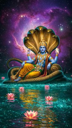 the hindu god sitting on top of a boat in water
