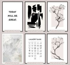 four black and white cards with flowers on them, each featuring the words today will be great