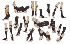 several pairs of feet and ankles are shown in various positions, including one with an ankle brace